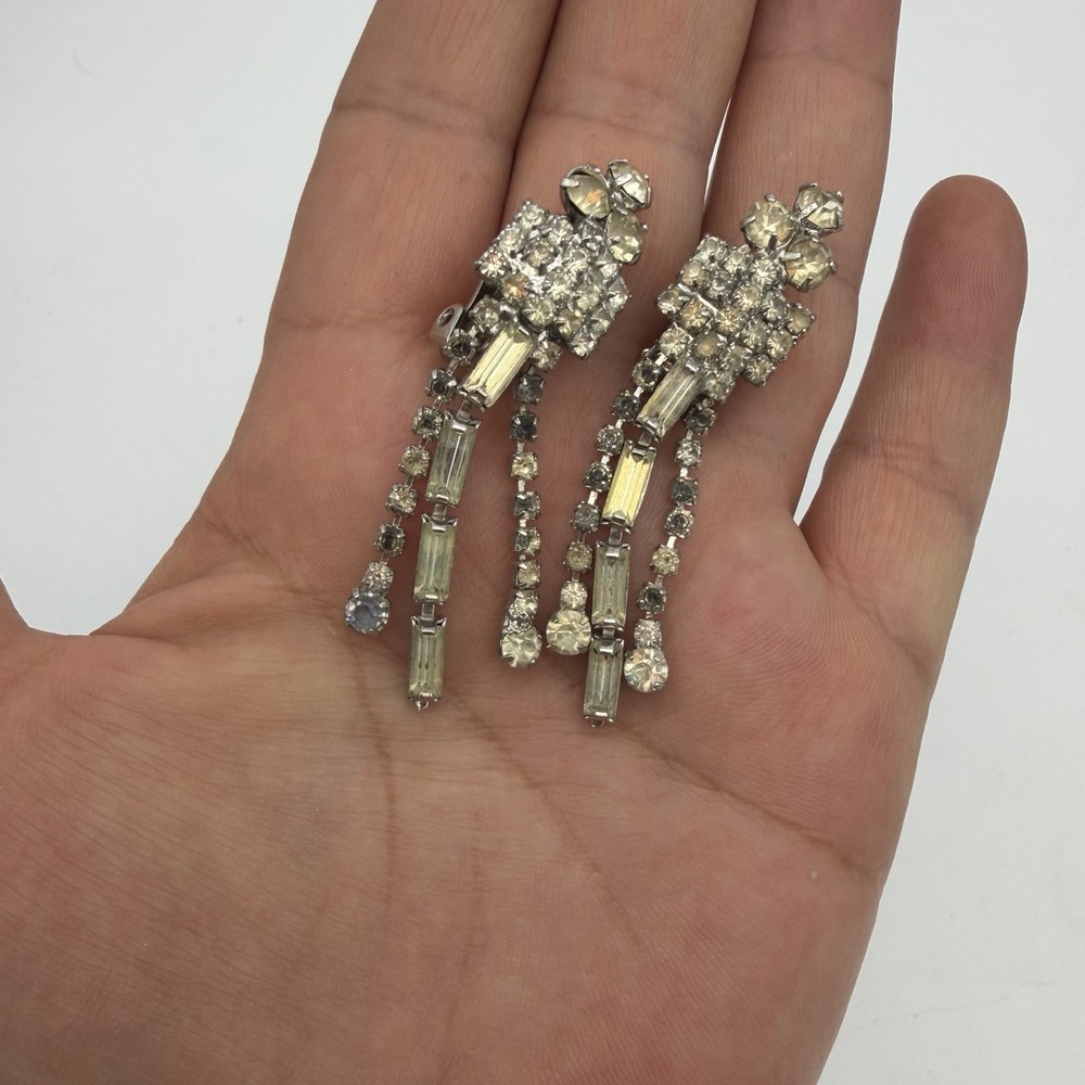 Vtg Weiss Rhinestone Dangle Waterfall Earrings Silver Tone Art Deco